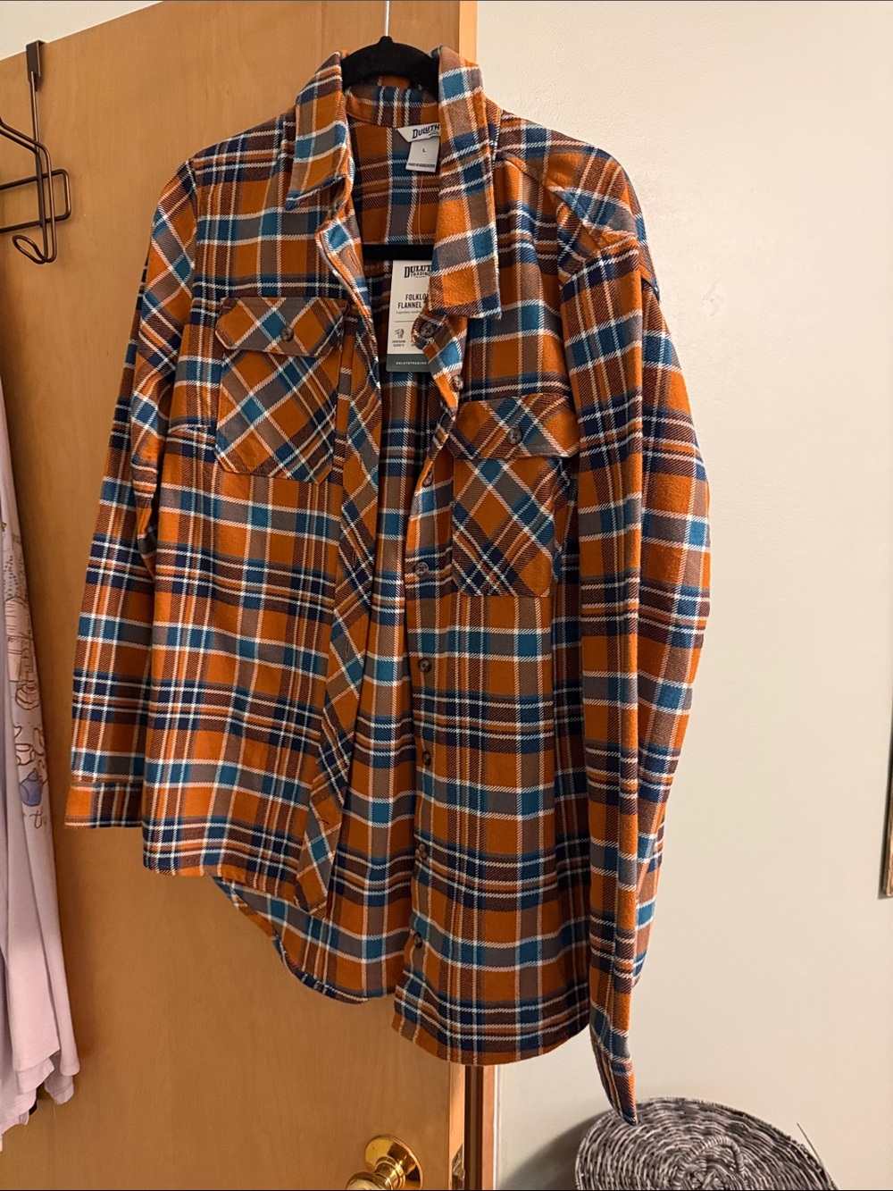 Duluth Trading Co Orange and Blue Plaid Button-Down Shirt